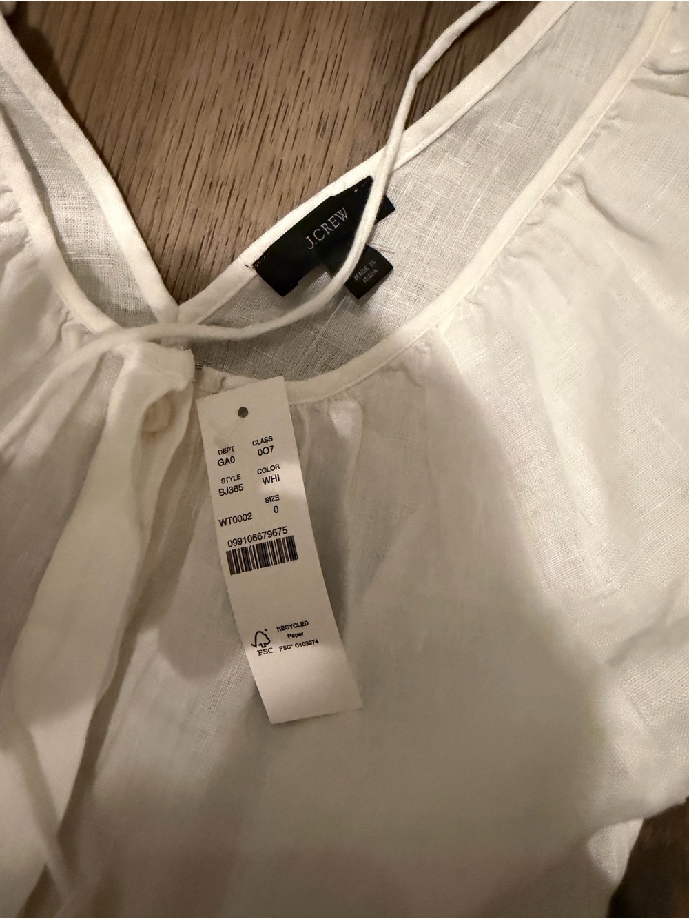 J. Crew White V Back Linen Top Blouse, Size 0, NWT - Picture 3 of 4